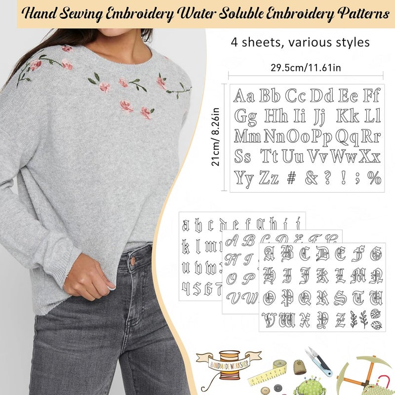 CRASHOT Water Soluble Stabilizer Embroidery Pattern - Letter Alphabet Stick & Stitch Embroidery Paper Wash Away, Number Hand Sewing Patterns for T-Shirt Bag Towel (4 Sheets) - Image 2